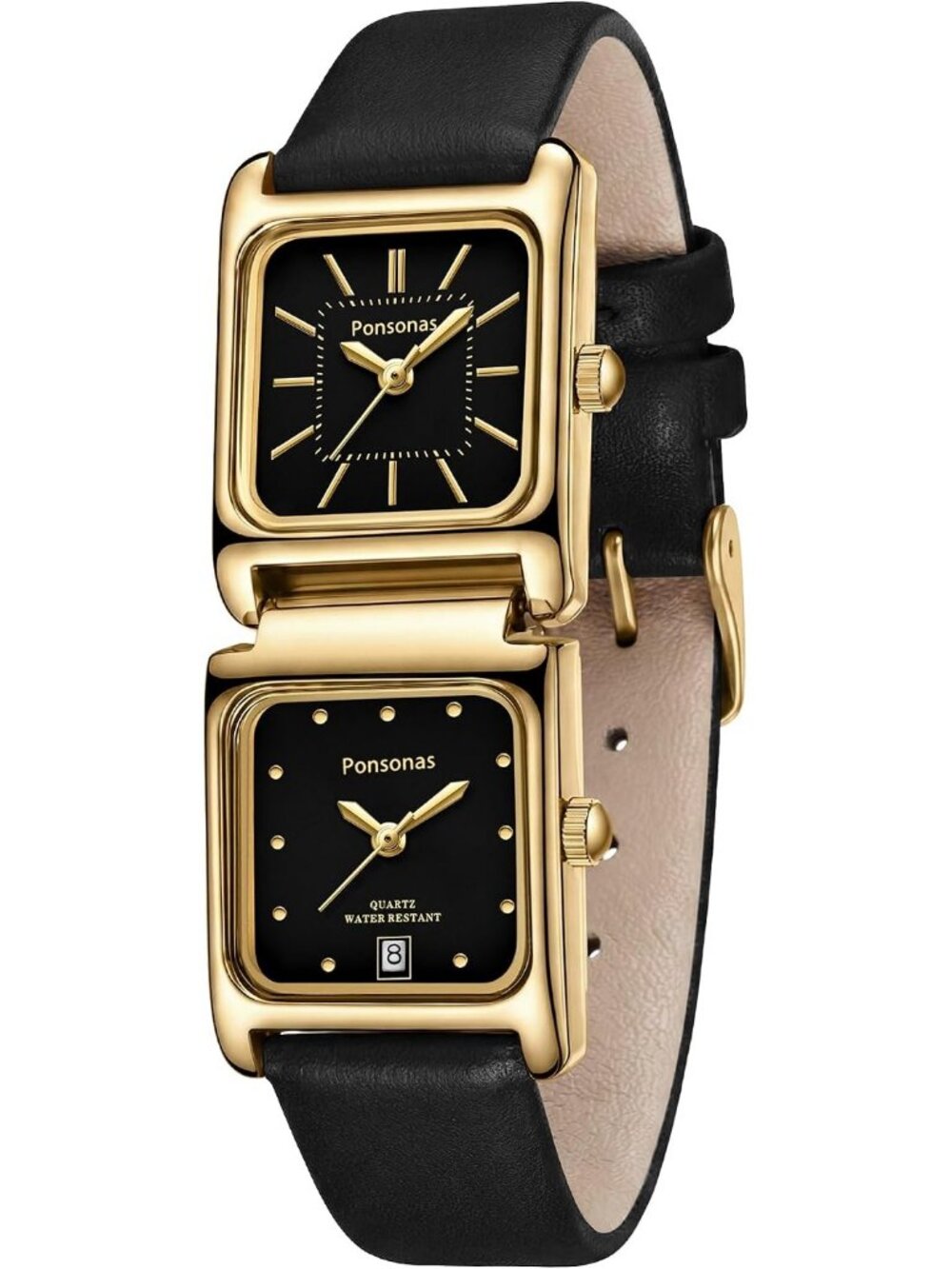 Women's All Black Leather Quartz Dual Square Dial Vintage Dress Wrist Watches
